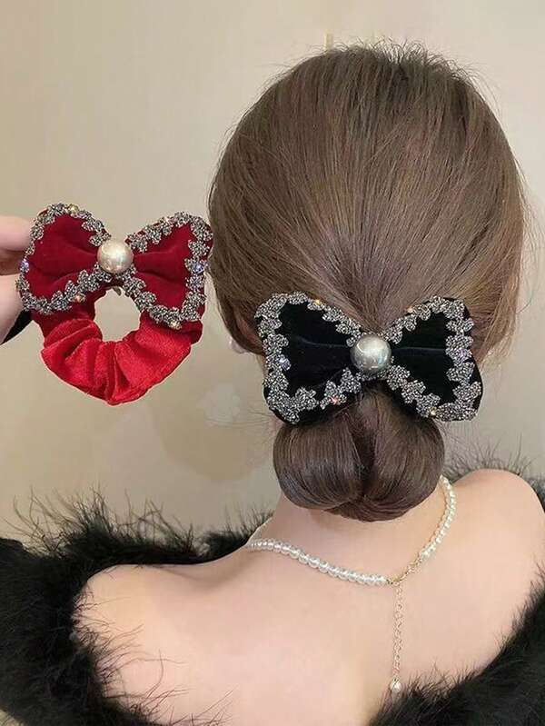 1pc Women's Butterfly Rhinestone Faux Pearl Hair Scrunchie, Fashionable & Elegant, Minimalist & Generous, Suitable For Daily Commute, Parties, Holidays, Birthdays, And Various Social Occasions