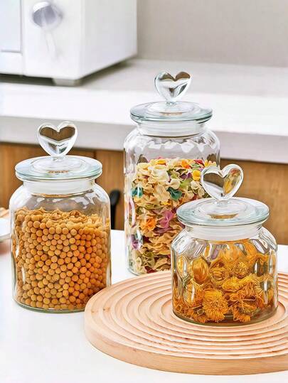 1pc Heart Shaped Glass Storage Jar With Airtight Lid, Transparent Candy/Food/Spice/Salt/Sugar/Coffee/Tea Container, 500ml/800ml/1200ml