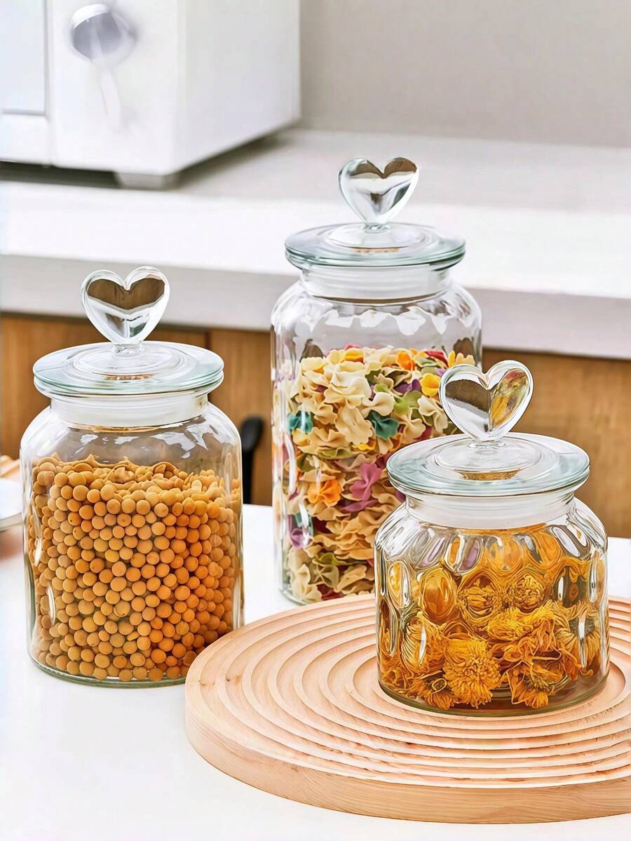 1pc Heart Shaped Glass Storage Jar With Airtight Lid, Transparent Candy/Food/Spice/Salt/Sugar/Coffee/Tea Container, 500ml/800ml/1200ml - Transparent Water Droplets - View 1