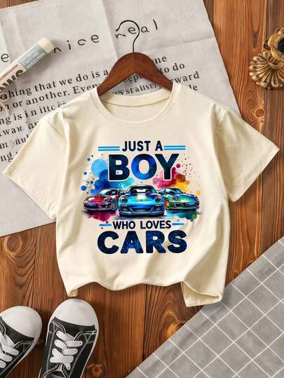 Young Boy Slogan & Car Graphic Round Neck Short Sleeve Casual Versatile T-Shirt