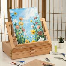 1pc Estuche Portátil de Madera para Artistas con Caballete Plegable y Soporte para Libros - Caja Multifuncional Ajustable de Roble Sólido con 3 Cajones para Almacenar Pinturas, Marcadores y Bolígrafos, Organizador de Escritorio para Hogar y Principiantes - Caqui - Ver 4