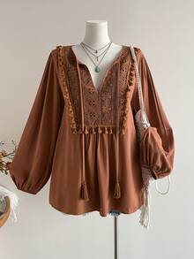 Rusttydustty Autumn/Winter Bohemian Lace Patchwork Fringe Trim Brown Long Sleeve Top, Casual Elegant Retro Blouse - Brown - View 2