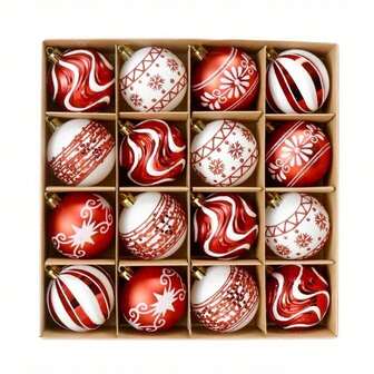一套16个圣诞装饰品，直径6厘米，红白相间。这些防碎塑料装饰品非常适合家居、婚礼和节日庆典。色彩缤纷的圣诞装饰品；适用于乡村别墅、壁炉装饰、派对和室内装饰；