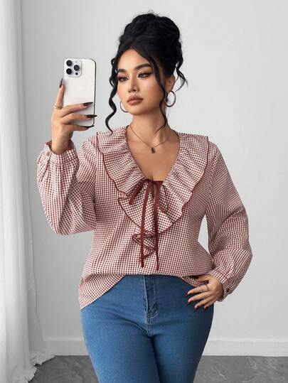 Blusa de manga larga con volantes y puños con lazo a cuadros para mujer talla grande, adecuada para uso diario, Día de la Independencia, Acción de Gracias