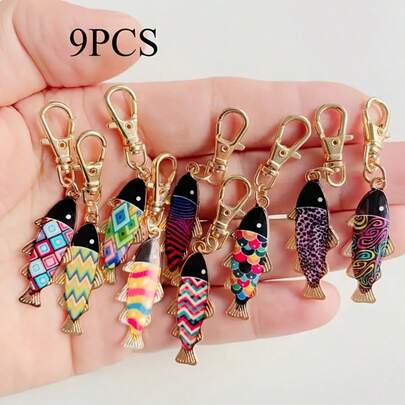 9-Piece Cartoon Fish Keychain Set - Cute Alloy Animal Keychains With Lobster Clasp, Ideal Birthday Gift For Women, Multi-Functional Bag Charm, Suitable For Backpacks, Headphones, Gifts (Alloy Keychains, Best Friend Bouquet Set For Women), Baptism Party Gifts, Christmas, Thanksgiving, Comes With Gift Bag And Thank You Label, Suitable For Everyday Bag Charms, Christmas And Valentine's Day Gifts, Fantasy Theme, Metal Material
