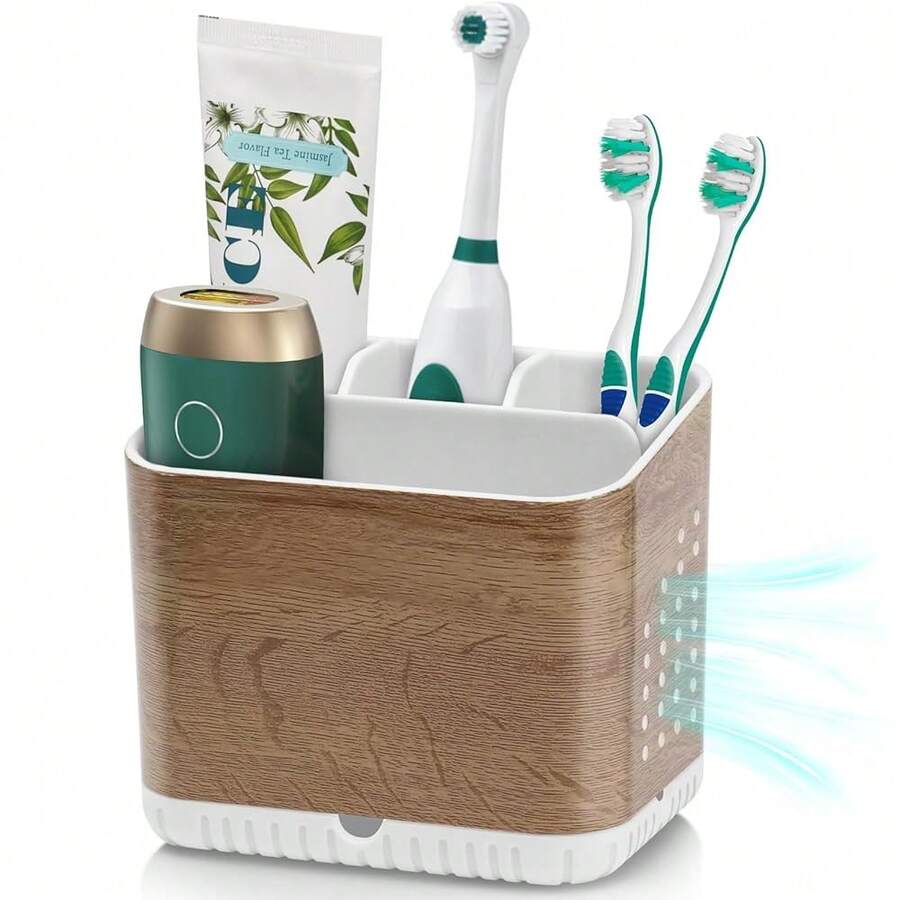 Toothbrush Holders For Bathrooms, Electric Toothbrush And Toothpaste Holder, Toothbrush Caddy Organizer, 4 Slots Tooth Brushing Stand For Bathroom Organizer Countertop (Wood Grain){Inchcolor_nameinch:InchWoodGraininch} - Vân gỗ - Xem 1