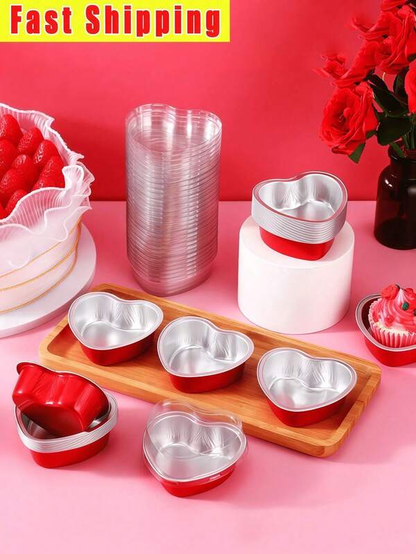 [Moules à gâteau en forme de cœur] 20 pièces Moules à gâteau en aluminium en forme de cœur avec couvercles | Moules de cuisson résistants à la chaleur pour la Saint-Valentin, les mariages, la fête des mères, les anniversaires et Noël - Parfaits pour les cupcakes, les puddings et plus encore, Accessoires de cuisson | Design de tasse festif | Ustensiles de cuisine durables