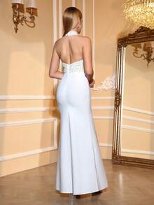 Love Aing 女士手工镶钻露背珍珠装饰奢华正式晚礼服/婚礼宾客/伴娘/派对/宴会优雅美人鱼连衣裙 - 白色 - 查看 9