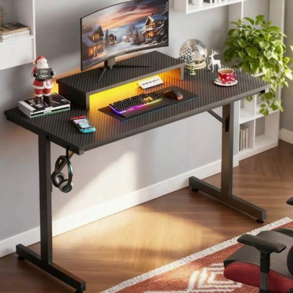 42-Inch RGB Gaming Desk With 7-Color LED Lights, Removable Monitor Stand & Cup Holder, Sturdy Carbon Fiber Computer Desk For Modern Gamers