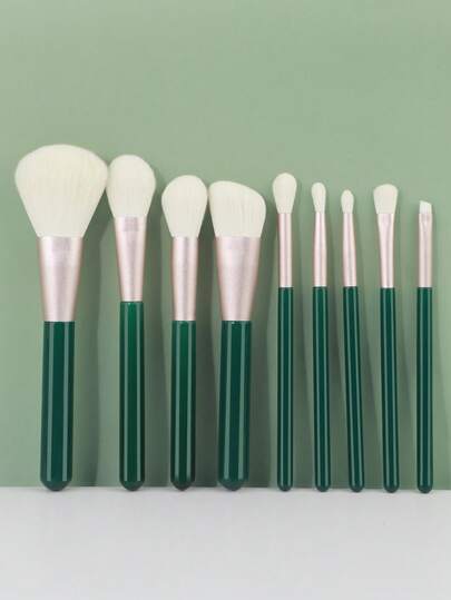 RANCAI Neuer 9-teiliges dunkles grünes Holzgriff Make-up Pinsel Set, inklusive weißer Puder Pinsel mit matter Oberfläche und tragbarem Make-up Pinsel