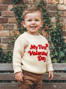 Conjunto para mi primer día de San Valentín para bebé niño niña, suéter de punto con forma de corazón, sudadera de manga larga de gran tamaño, suéter de cuello redondo, prendas de punto gruesas, tops, ropa de invierno y primavera de 0 a 18 meses - Caqui - Ver 2