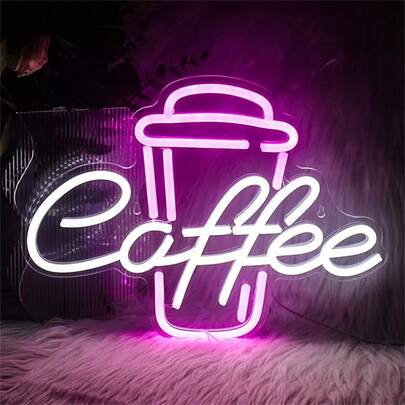 1pc Purple & White Dual-Color LED Soft Silicone Neon (Data Cable Included): Coffee Cup + "Coffee" Shaped, Purple Cup With White Text Details, Decorative/Ambient Coffee Lamp, Suitable For Cafes, Home Bars