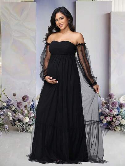 Maternity Lantern Sleeves Dress Sexy Tulle Flounce Hem Gown For Baby Shower Photoshoot, Party Outfits