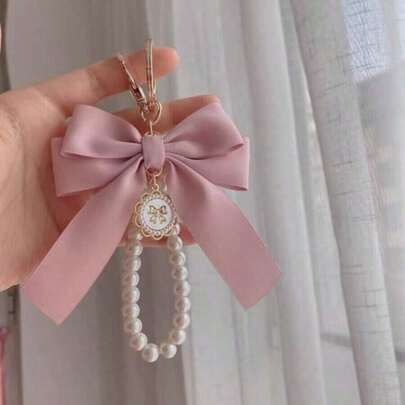 1pc Gorgeous Matte Bow With Faux Pearl Keychain, Lovely Faux Pearl Beaded Bracelet, Vintage Charm, Women & Girls Wallets, Socks, Backpacks, Car Accessories, Ribbons, Pearl Pendant, Valentine's Day, Bow Keychain, School Supplies, Teacher Gifts, Back To School Teacher Essentials, Valentine's Day Bag Charm Pearl Cute Goth Y2k