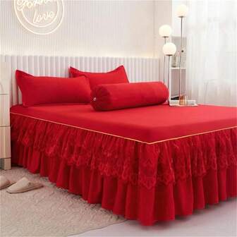 Juego de 3 piezas de falda de cama (1 falda de cama + 2 fundas de almohada, sin relleno de almohada), falda de cama de unicolor con antideslizante, adecuada para dormitorio y habitación de invitados, lavable a máquina