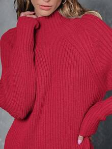 2026 Women's Casual Knit Dress Sweater Dresses For Women  Fall Fashion Mock Neck Long Lantern Sleeve Oversized Outfits Knit Tops Clothes ​ , Bodycon Long Sleeve ​ For Sports Outdoor Wear, Loose Fit Long Sleeve Comfy Daily Outfits For Women - 紅色 - 查看 6