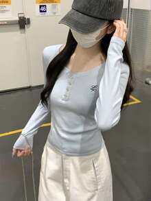 温柔腰褶饰小众刺绣纽扣长袖汗衫 - 藍色 - 查看 5