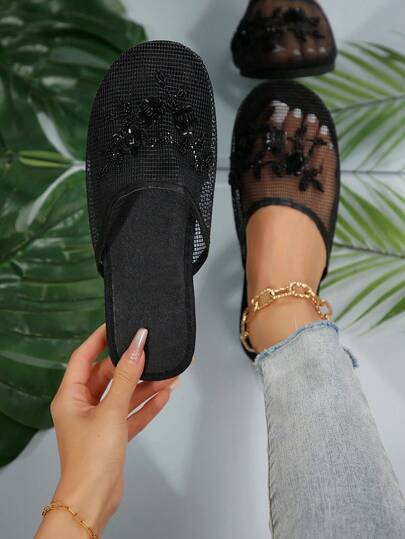 2026 Frühling/Sommer Minimalistische leichte Mesh Damen Handgemachte einfarbige Slide Sandalen