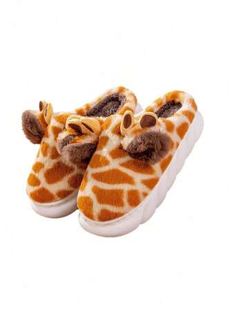 Kvinnors söta tecknade giraffplyschtofflor, tjocka sular för inomhus-/utomhusbruk, varma för höst/vinter