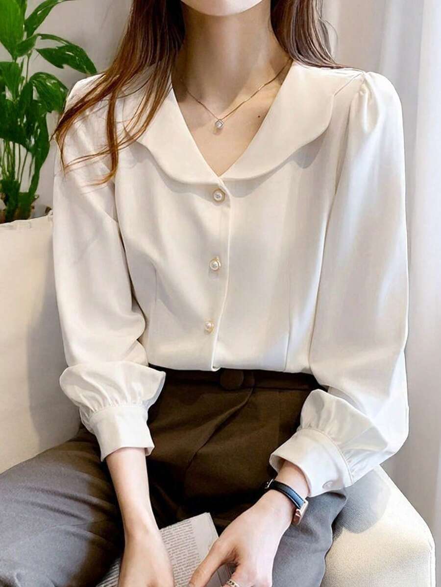 女士长袖白色衬衫，春夏秋季新款，泡泡袖设计，法式衬衫 - 白色 - 查看 1