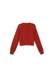 拼接荷叶边V领毛衣女式系结宽松柔软加厚短款开衫 - 紅色 - 查看 6