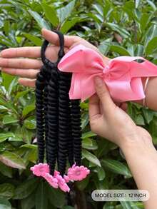 1pc Kinky Marley Ponytail With Elastic Band Soft Hair Girl Braided With Bow Clip, Flower Clip In The End Ponytail - Black - View 3