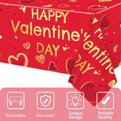 大号红白情人节主题派对桌布，带心形元素，108x54英寸一次性塑料桌布，适用于浪漫晚餐、情侣派对、约会之夜、情人节庆祝活动和爱情主题装饰。