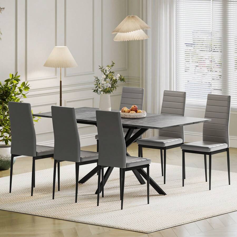 Extendable Dining Table And Chairs Set Of 6,Cement Grey Table With 6 High Back Dining Chairs,Modern Dining Table Set For Home/Kitchen,120cm - Cement Gray Table+6 Gray Chairs - View 1