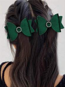 2pcs Green Velvet Bow Hair Clips, Suitable For Girls & Teenagers, Elegant & Fashionable, Women Hair Accessories, Hair Claws, Hair Clips