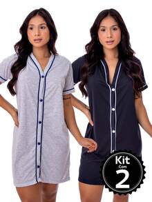 Kit com 2 Camisolas Amamentação Meia Manga Luxo com Botões Pós Cirúrgica 2 Cores Sortidas