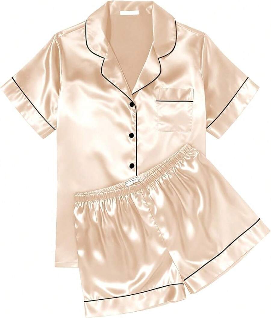 Womens Silk Satin Pajama Sets Soft Short Sleeve Button Down Sleepwear 2 Piece Lounge Set, Popular Sleepwear Styles - 香檳色 - 查看 1