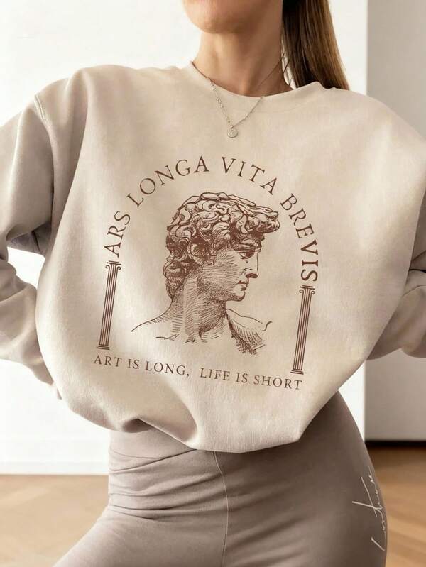 Sudadera con gráfico de letra y figura LOVE JOYY, manga larga, ARS LONGA VITA BREVIS "El arte es largo, la vida es corta", para graduación, regreso a la escuela, atuendos de maestros para mujeres, atuendo de otoño para regreso a la escuela