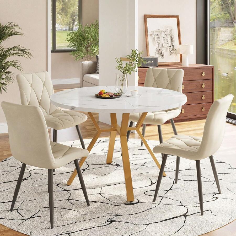 Dining Table Set, Dining Table And Chairs Set (5-Piece Set), Modern And Simple Round Dearmol Dining Table, Gold Metal Table Legs + 4 Ergonomic Velvet Chairs, Beige Dining Chairs - Golden + MDF+Metal - View 1