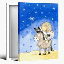 1pc, 2D Flat Printing, Painting Of A Child Angel Riding A Donkey Under A Starry Sky With A Bright Star, Canvas Wall Art For Living Room Wall Decor For Bedroom Bathroom Framed Wall Poster Art Prints Ready To Hang Pictures Home Decorations - 彩色 - 查看 1
