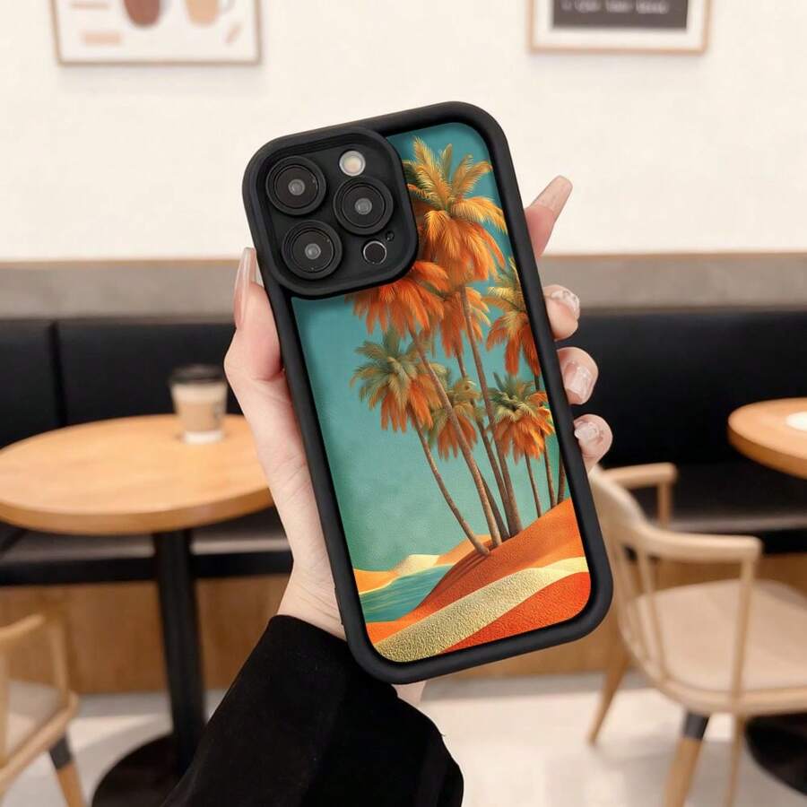 Cubierta de teléfono con borde negro diseño de palmeras tropicales en tonos naranja y turquesa para uso diario en cafeterías y viajes Aplicable a los teléfonos de la serie Apple y Galaxy - Café integral - Ver 1