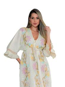 KIARA BRAZIL Floral Embroidered Long Dress With 3/4 Sleeves And V-Neck, Boho Chic Style, Elegant And Feminine For Summer - 8006 - trắng - Xem 2