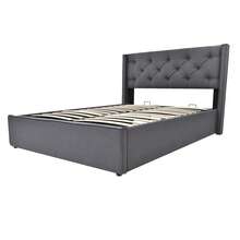 Hydraulic Double Upholstered Bed 140x200cm, Bed With Slatted Metal Frame, Modern Bed Frame With Storage Space, Cotton, Gray (With Mattress) - Grey - View 3