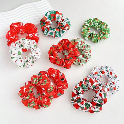 12pcs Christmas Themed Colon Hair Scrunchies Set, Including Christmas Tree Snowman Series Hair Rope, With Decorative Fixed Function, Suitable For Christmas Party Daily Scene ,Hair Ties ,Scrunchy