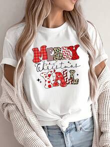 Camiseta gráfica navideña informal para mujer, cuello redondo, manga corta con hombros caídos, largo regular, de punto. - Blanco - Ver 2