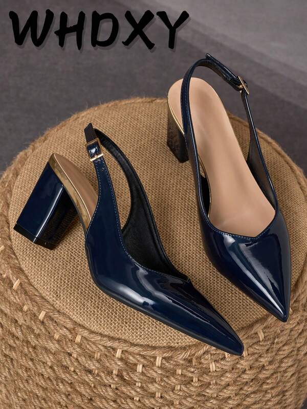 WHDXY Women's Fashion Pointed Toe High Heels, Navy Blue Patent Leather Design, Comfortable Chunky Heels, Suitable For Parties, Formal Events And Workwear