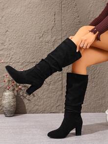 Fall/Winter Women's Over-The-Knee Boots, Wide Calf Suede Pointed Toe Chunky Heel Loose Fit Tall Boots, Versatile Black Boots Suitable For Dates, Parties, Commuting And Daily Wear - Black - View 2