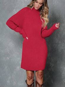 2026 Women's Casual Knit Dress Sweater Dresses For Women  Fall Fashion Mock Neck Long Lantern Sleeve Oversized Outfits Knit Tops Clothes ​ , Bodycon Long Sleeve ​ For Sports Outdoor Wear, Loose Fit Long Sleeve Comfy Daily Outfits For Women - 紅色 - 查看 3