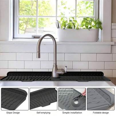 1pc Silicone Sink Mat, Non-Slip Waterproof Dish Drying Mat With 5-Degree Sloped Drainage Design, Foldable, Suitable For Kitchen And Bathroom Sinks, Size: 24" X 5.7"