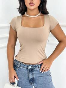 Women's Basic Short-Sleeve Baby Look T-Shirt, Versatile, No See-Through, Stretchy Fabric, Shaping, Casual Fashion, Blogger Style, Affordable - BEIGE-bLUE-nAVY BLUE - View 2