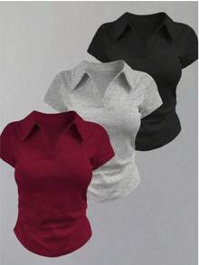 3-Piece Set: Women's Plain Short-Sleeve Polo Shirt, Ribbed Cotton Fabric, Basic Style - BLACK+GRAY+WINE - View 1
