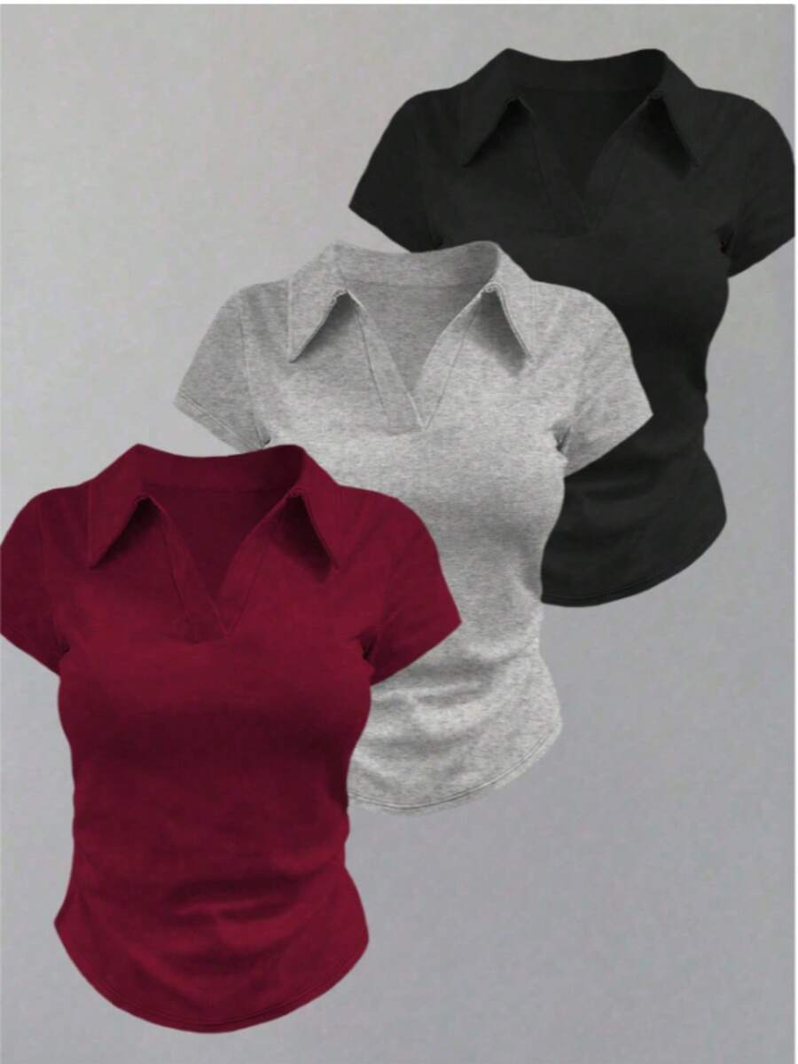 3-Piece Set: Women's Plain Short-Sleeve Polo Shirt, Ribbed Cotton Fabric, Basic Style - BLACK+GRAY+WINE - View 1