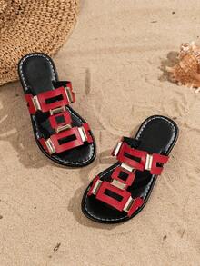 2025 New Slippers, Fashion Slippers, Bohemian Style Slippers, Soft Sole Wear-Resistant Casual Slippers, Slippers, Golden Buckle Slippers - Red - View 2