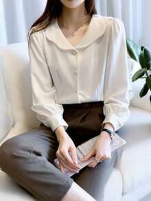 女士长袖白色衬衫，春夏秋季新款，泡泡袖设计，法式衬衫 - 白色 - 查看 4