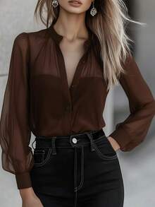 Blusa de mujer de unicolor, de manga larga, de un solo pecho, elegante y versátil, para el verano - Burdeos - Ver 4