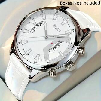 SOKI SOKI 1pc Men's Watch, Calendar Function, Fashionable Round Dial, Quartz Movement, PU Leather Strap, Suitable For Men To Wear To Parties, Festivals, Birthdays, Or As A Gift For Brothers, Best Gift For Men (No Gift Box)